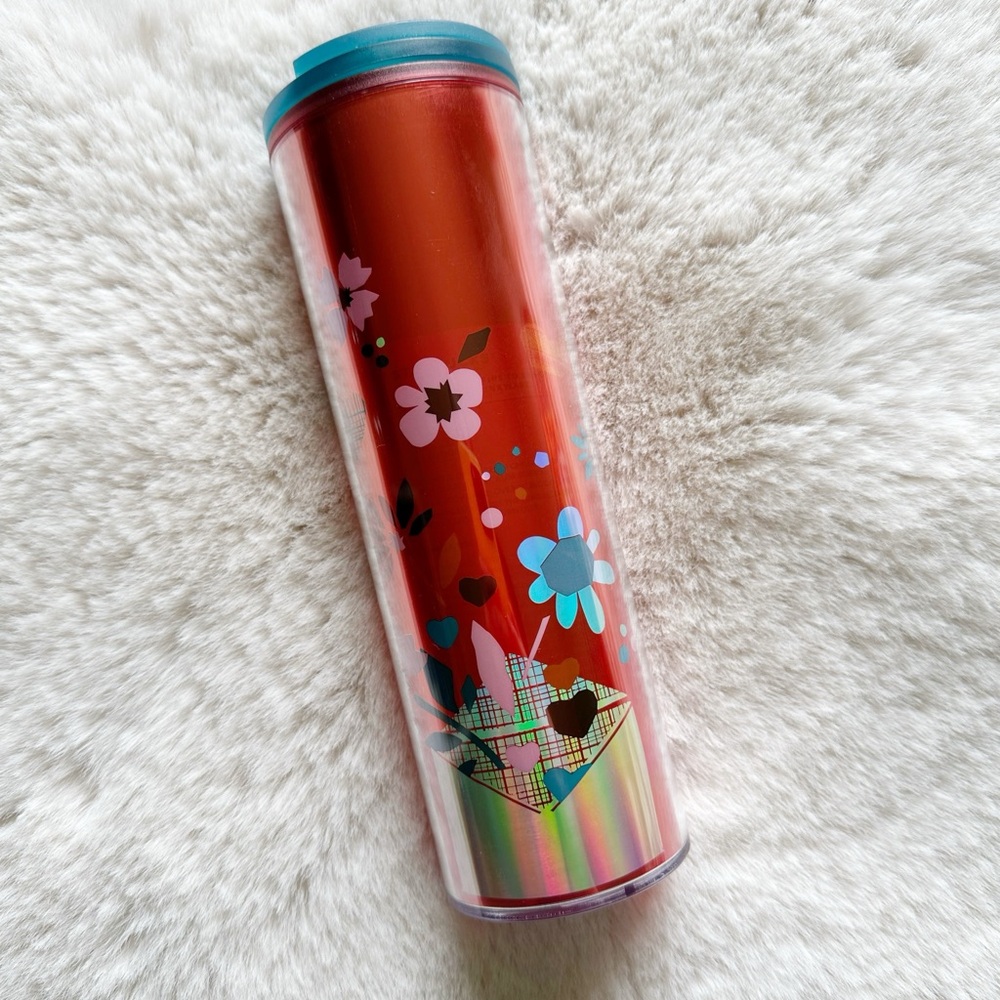 Starbucks Floral Red Tumbler with Blue Lid